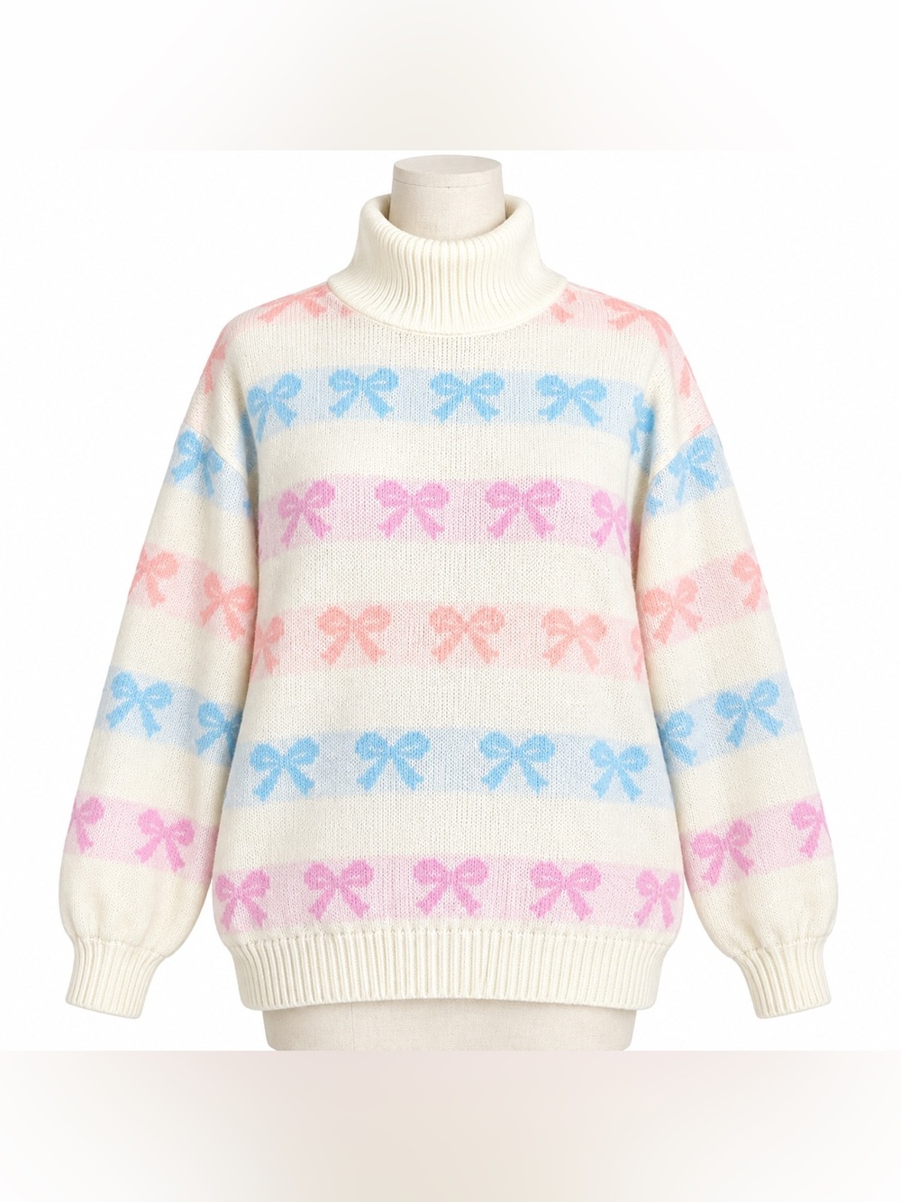 Vintage Cream Turtleneck Sweater with Pink & Blue Bow Pattern